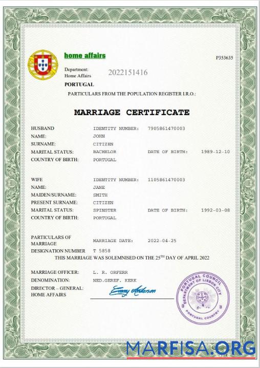 Blank Portugal marriage certificate Word and PDF template